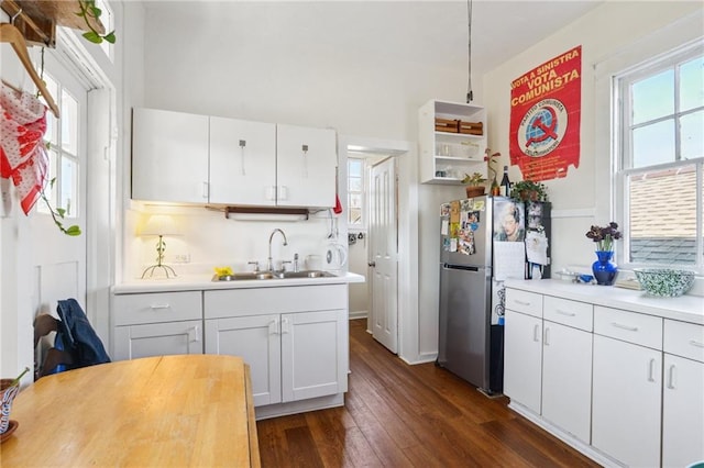 kitchen with dark wood finished floors, a wealth of natural light, freestanding refrigerator, and a sink