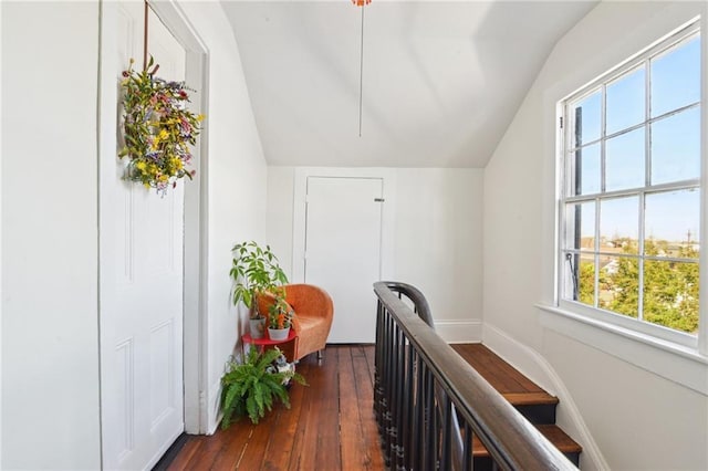 corridor featuring dark wood finished floors, baseboards, and vaulted ceiling