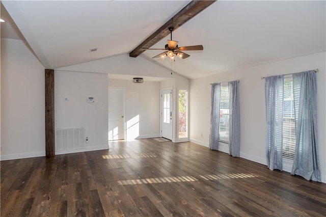 119 Ivy Dr, Covington, LA 70433 - unfurnished living room with a wealth of natural light, visible vents, ceiling fan, and lofted ceiling with beams
