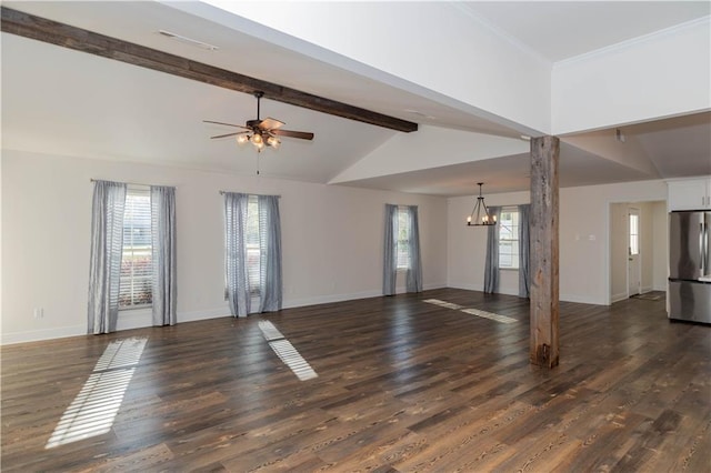 119 Ivy Dr, Covington, LA 70433 - unfurnished living room with baseboards, lofted ceiling with beams, ceiling fan with notable chandelier, and dark wood-style floors
