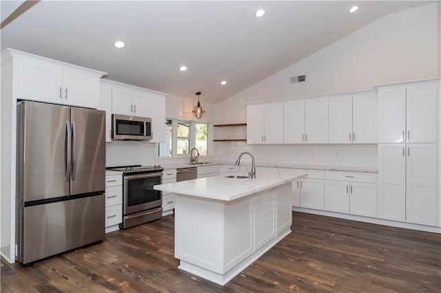 119 Ivy Dr, Covington, LA 70433 - kitchen featuring light countertops, a sink, appliances with stainless steel finishes, visible vents, and white cabinets