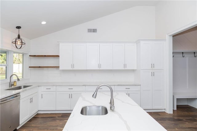 119 Ivy Dr, Covington, LA 70433 - kitchen featuring a sink, vaulted ceiling, visible vents, and dishwasher