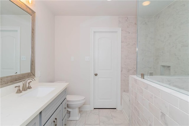 119 Ivy Dr, Covington, LA 70433 - bathroom featuring toilet, vanity, walk in shower, marble finish floor, and baseboards