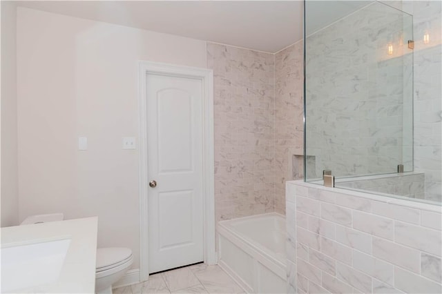 119 Ivy Dr, Covington, LA 70433 - full bathroom with a bath, marble finish floor, a tile shower, toilet, and vanity