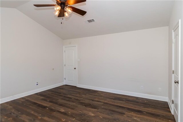 119 Ivy Dr, Covington, LA 70433 - unfurnished room featuring lofted ceiling, baseboards, visible vents, ceiling fan, and dark wood-style flooring