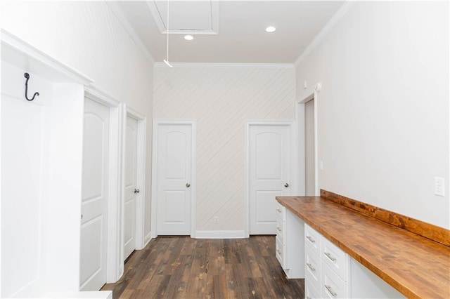 119 Ivy Dr, Covington, LA 70433 - hall featuring baseboards, recessed lighting, crown molding, and dark wood finished floors