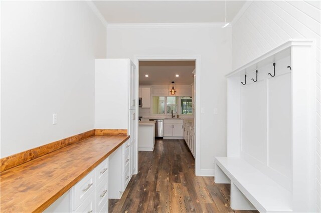 119 Ivy Dr, Covington, LA 70433 - mudroom featuring ornamental molding, a sink, and dark wood finished floors