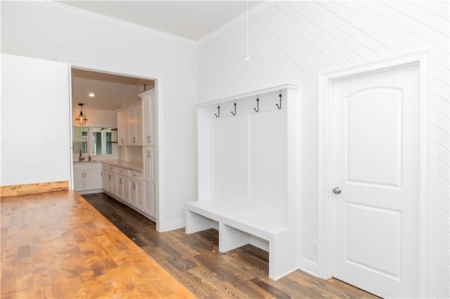 119 Ivy Dr, Covington, LA 70433 - mudroom featuring ornamental molding, dark wood-style floors, and baseboards