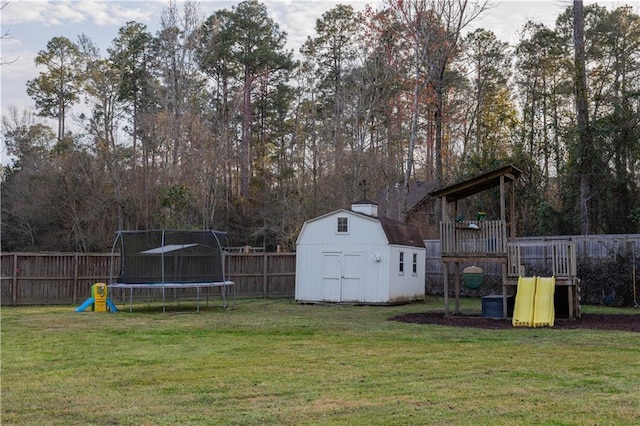 119 Ivy Dr, Covington, LA 70433 - view of yard with a playground, a trampoline, a fenced backyard, a storage unit, and an outbuilding