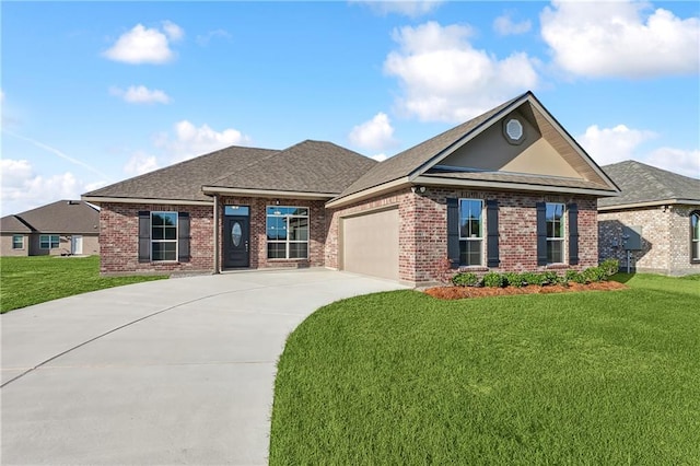 view of front of house featuring brick siding, a shingled roof, an attached garage, driveway, and a front lawn