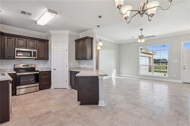 kitchen with dark brown cabinetry, stainless steel appliances, a peninsula, open floor plan, and crown molding