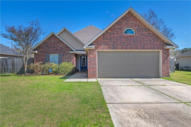 view of front facade featuring a garage, brick siding, fence, concrete driveway, and a front lawn