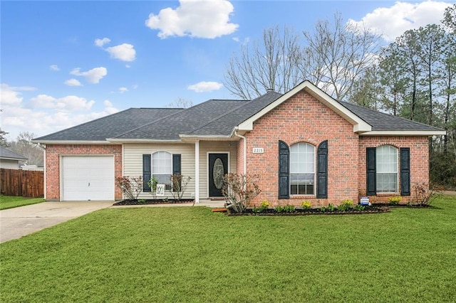 ranch-style home featuring a front yard, brick siding, driveway, and an attached garage