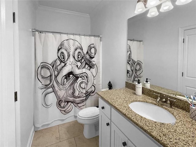 full bathroom featuring tile patterned flooring, crown molding, vanity, and toilet