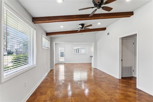 unfurnished living room with lofted ceiling with beams, recessed lighting, visible vents, and baseboards