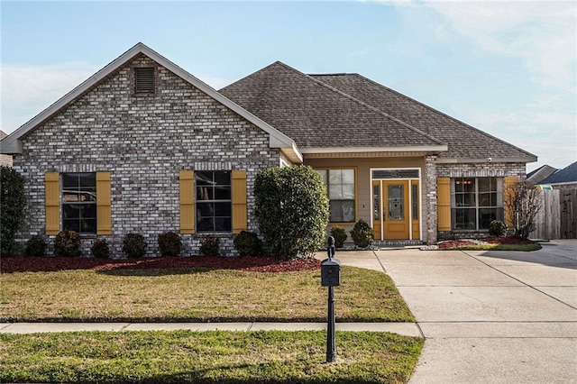 view of front facade featuring a front lawn, a shingled roof, and brick siding