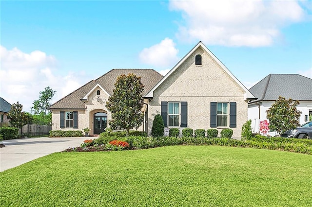 french country inspired facade with a front yard and brick siding