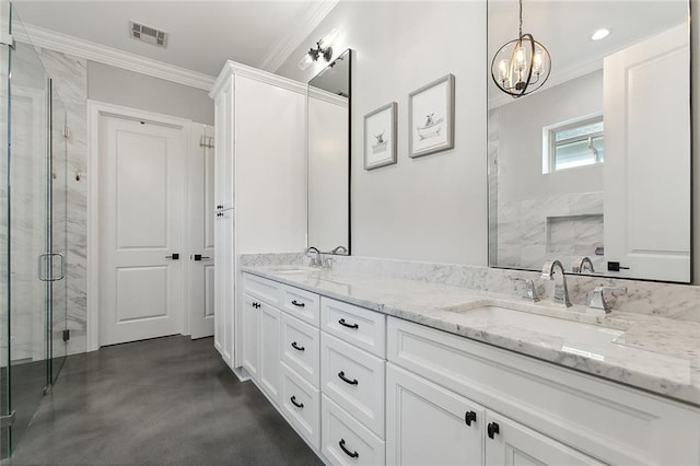 full bathroom featuring ornamental molding, a stall shower, a chandelier, double vanity, and finished concrete flooring