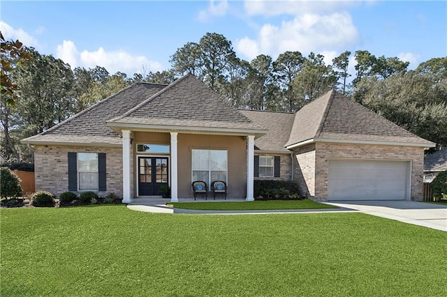 view of front facade featuring a garage, brick siding, driveway, and a front lawn