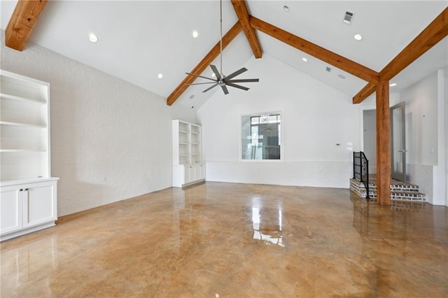 unfurnished living room with high vaulted ceiling, ceiling fan, visible vents, and beamed ceiling