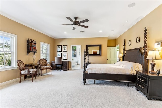 bedroom featuring visible vents, baseboards, light colored carpet, ornamental molding, and recessed lighting