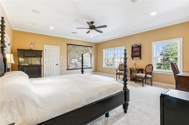 bedroom featuring ornamental molding, recessed lighting, ceiling fan, light carpet, and baseboards