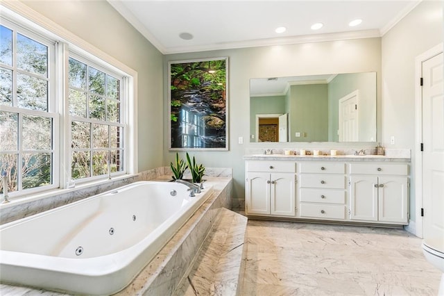 full bath with crown molding, a jetted tub, double vanity, and marble finish floor