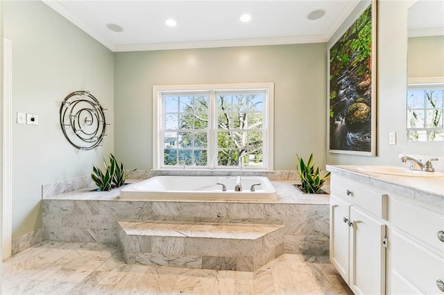 bathroom with a garden tub, marble finish floor, vanity, ornamental molding, and recessed lighting