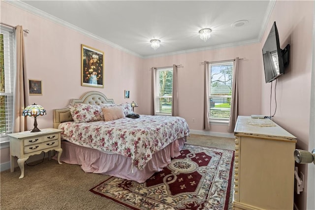 bedroom featuring baseboards, ornamental molding, and light colored carpet