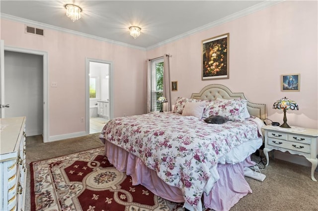 carpeted bedroom with baseboards, ensuite bath, visible vents, and crown molding