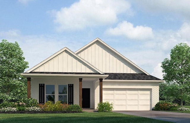 view of front of house with brick siding, roof with shingles, an attached garage, board and batten siding, and driveway