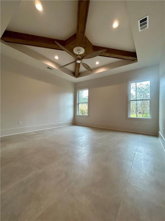 empty room featuring recessed lighting, beam ceiling, visible vents, and baseboards