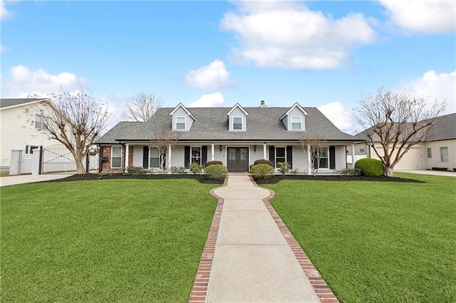 cape cod house with a gate, fence, a front lawn, and french doors