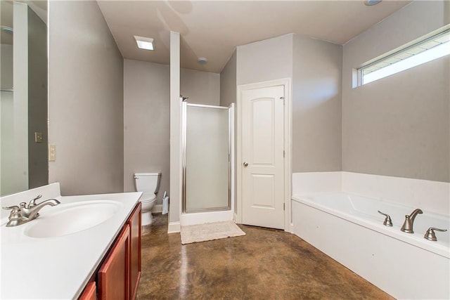 full bathroom featuring concrete flooring, toilet, vanity, a bath, and a stall shower