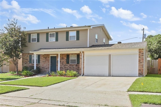 traditional-style home with concrete driveway, brick siding, fence, and an attached garage