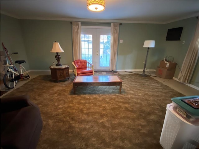 living room with french doors, carpet, and crown molding