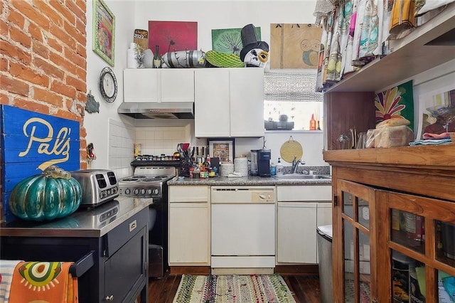 kitchen featuring electric range oven, dishwasher, under cabinet range hood, white cabinetry, and a sink