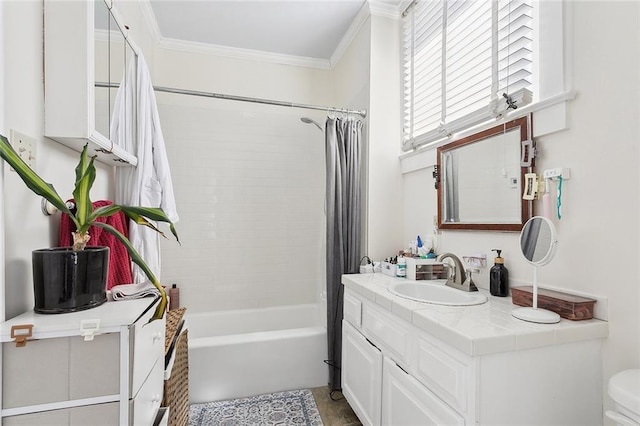 full bathroom with toilet, ornamental molding, vanity, and shower / tub combo