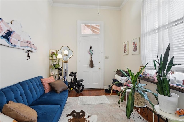 living room featuring crown molding, wood finished floors, and a healthy amount of sunlight