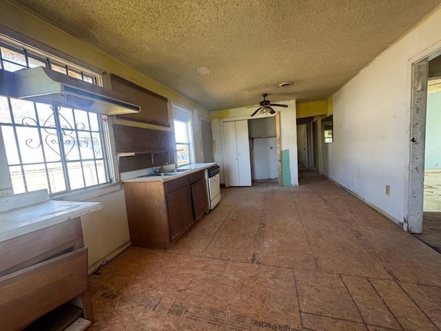 kitchen with a ceiling fan, dishwasher, light countertops, open shelves, and a sink