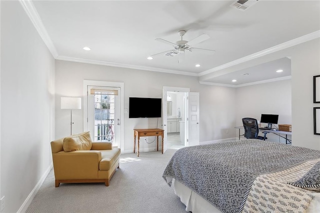 bedroom featuring recessed lighting, visible vents, ornamental molding, light carpet, and baseboards