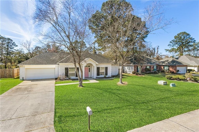 single story home with brick siding, an attached garage, a front yard, fence, and driveway