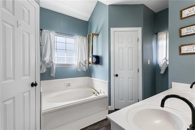 bathroom featuring a garden tub, double vanity, and a sink