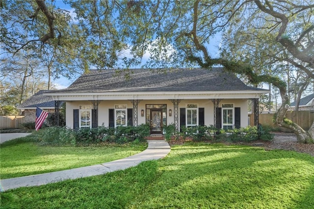 view of front of home featuring a front lawn, roof with shingles, fence, and stucco siding