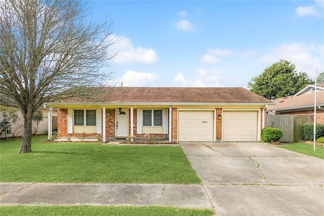 ranch-style house featuring brick siding, concrete driveway, fence, a garage, and a front lawn