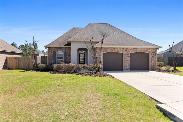 french country inspired facade featuring a front yard, brick siding, fence, and driveway