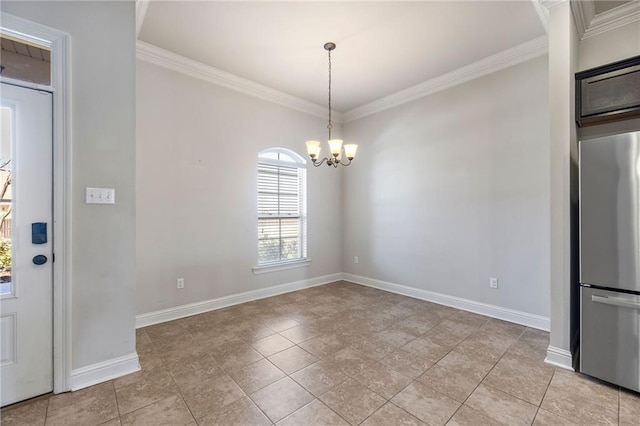 interior space with an inviting chandelier, light tile patterned floors, baseboards, and crown molding