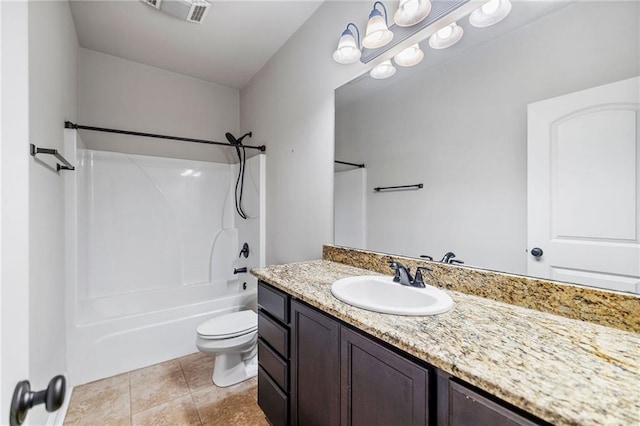 full bath with visible vents, toilet, vanity, shower / tub combination, and tile patterned flooring