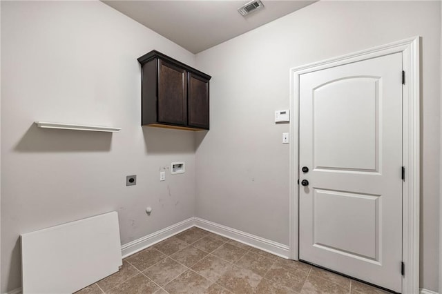 clothes washing area featuring hookup for a washing machine, visible vents, cabinet space, electric dryer hookup, and baseboards