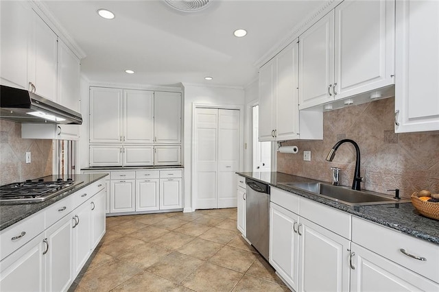 kitchen featuring appliances with stainless steel finishes, white cabinetry, a sink, and under cabinet range hood